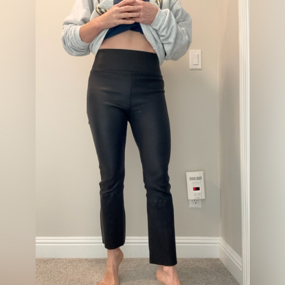 SPRWMN Black Leather Flared Ankle Pants, S, 25” inseam